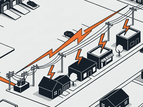 Power travelling along the overhead distribution line from a pole-mounted transformer to the buildings on the street.