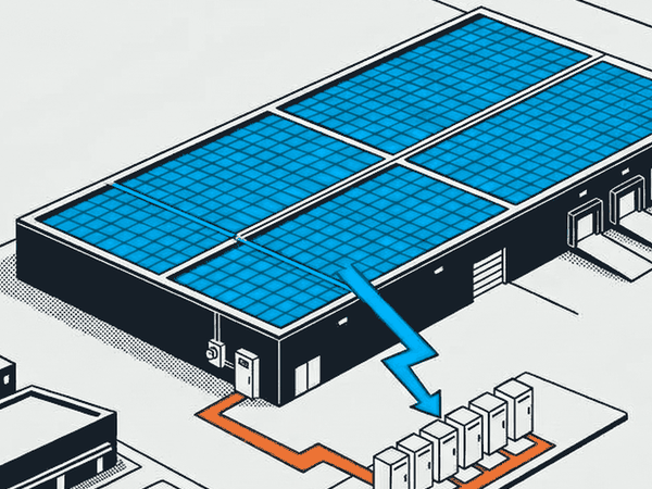 A warehouse roof covered in solar panels, charging a row of batteries beside it.